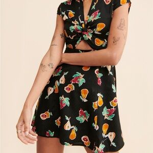Harlow Twist Black Dress with Fruit Print